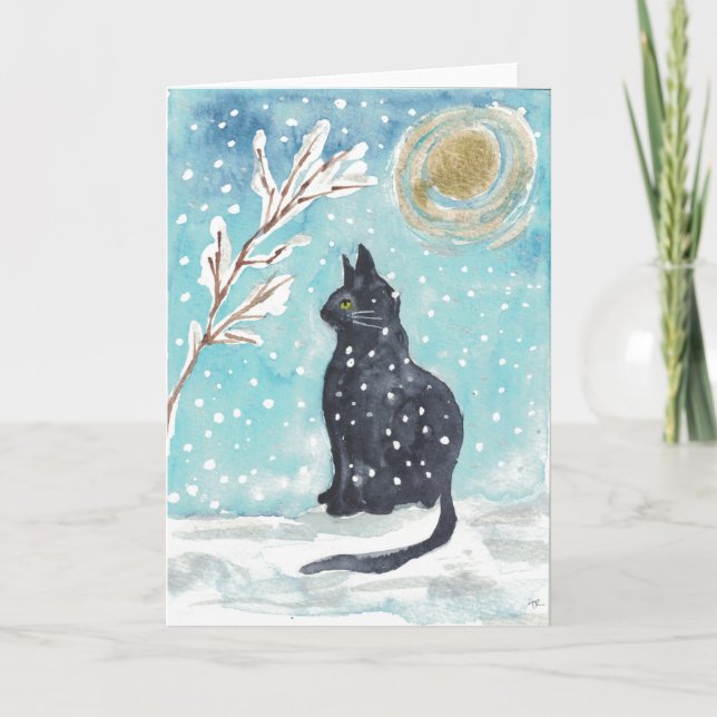 Chat noir dans la neige - carte de vacances (Devant)