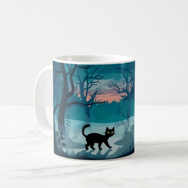 Chat noir dans les bois Design Café Mug (Devant gauche)