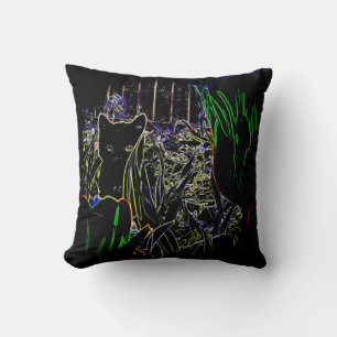 Chat noir dans un jardin néon Coussin de jet