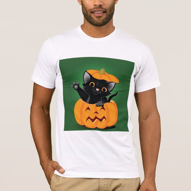 Chat Noir Dans Un T-Shirt Homme Citrouille (Devant)
