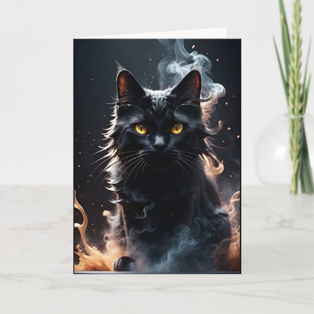 Chat noir dans une brume de fumée Carte de vœux vi (Devant)