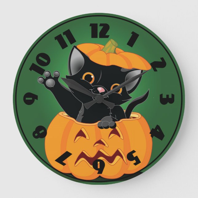 Chat noir dans une horloge de citrouille (Recto)