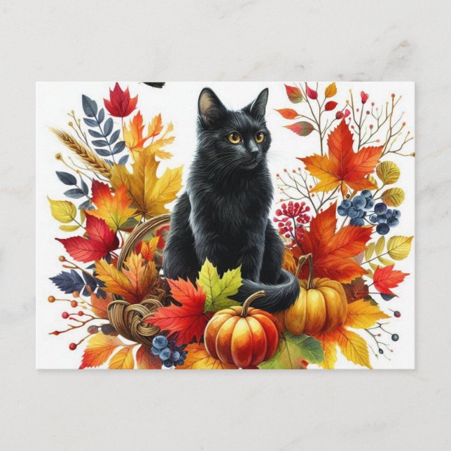 Chat noir d'automne et carte postale Feuille de sa (Devant)