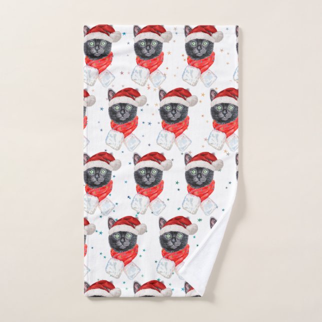 Chat noir de Noël avec écharpe rouge (Serviette à main)