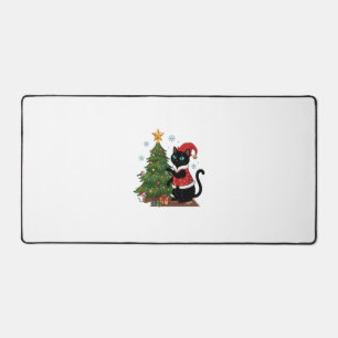 Chat noir de Noël chapeau de Père Noël arbre souri