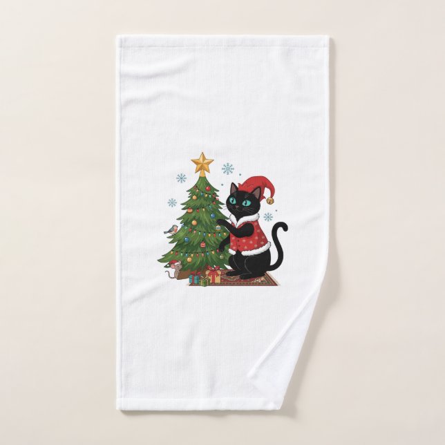 Chat noir de Noël chapeau de Père Noël arbre souri (Serviette à main)