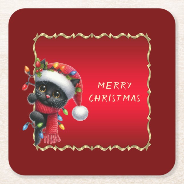 Chat noir de Noël Papier Sous-Verre de Fête (Devant)