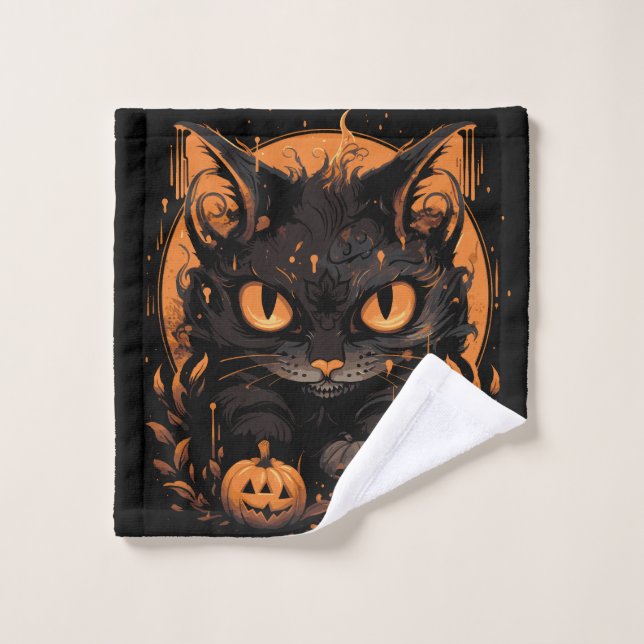 Chat noir d'Halloween avec Citrouilles et lune (Gant de toilette)