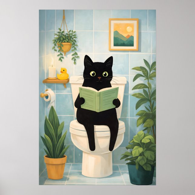 Chat noir drôle lisant sur une impression de salle (Devant)