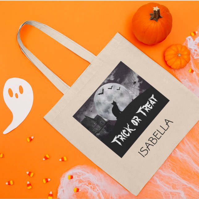 Chat noir Éffrayant Halloween Trick ou Sac fourre- (Editable Text & Name,
Happy Halloween!)