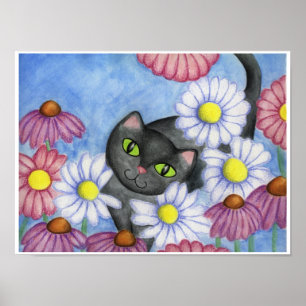 Chat noir en fleurs Poster d'art