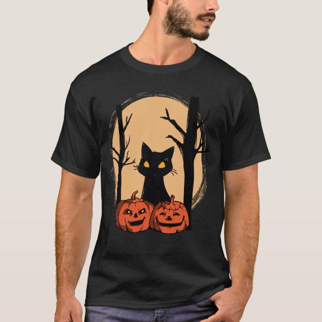 "Chat noir en T-shirt d'Halloween Citrouille - mig (Devant)