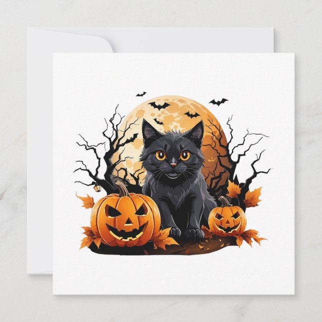 Chat noir entouré de citrouilles (Devant)