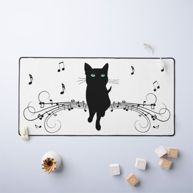 Chat noir entouré de notes de musique murmurantes (Tableau pour enfants)