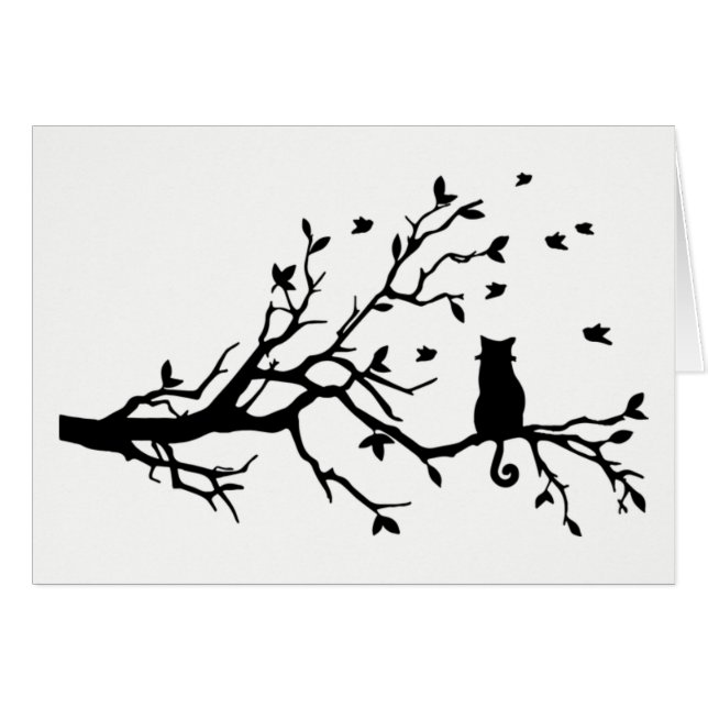 Chat noir et blanc avec des oiseaux dans un arbre (Devant horizontal)