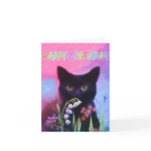 CHAT NOIR ET FLEURS CARTE D'ANNIVERSAIRE