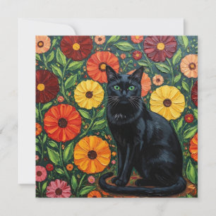 Chat noir et fleurs d'art populaire colorées