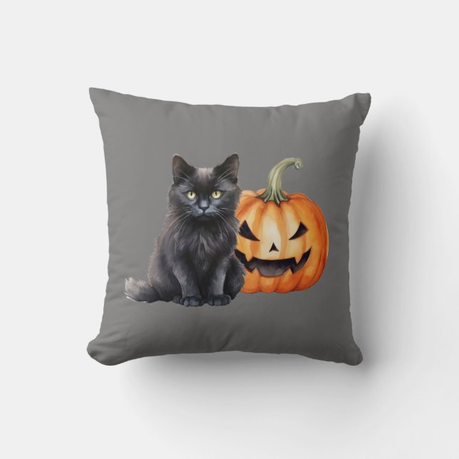 Chat noir et oreiller Citrouille d'Halloween (Recto)