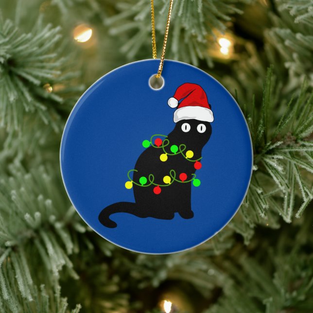 Chat noir et ornement des lumières de Noël (Arbre)