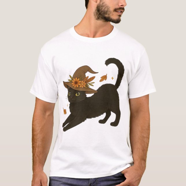Chat noir étiré � T-Shirt classique sorcière d'aut (Devant)