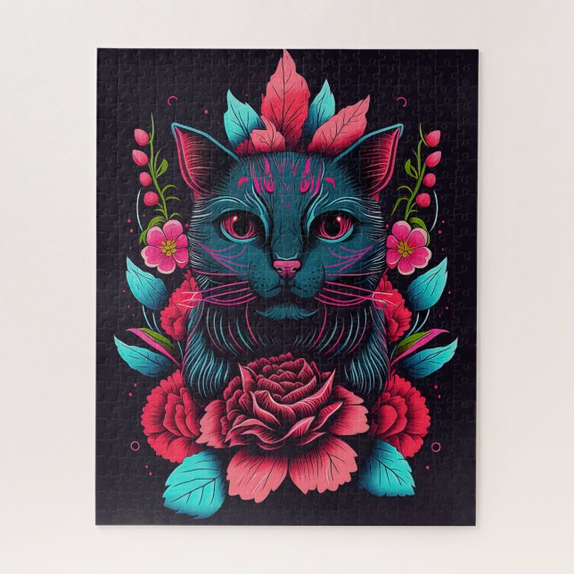 CHAT NOIR FLEURS IMAGINAIRE JIGSAW PUZZLE (Vertical)