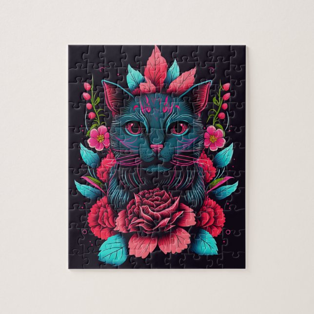 CHAT NOIR FLEURS IMAGINAIRE JIGSAW PUZZLE (Vertical)