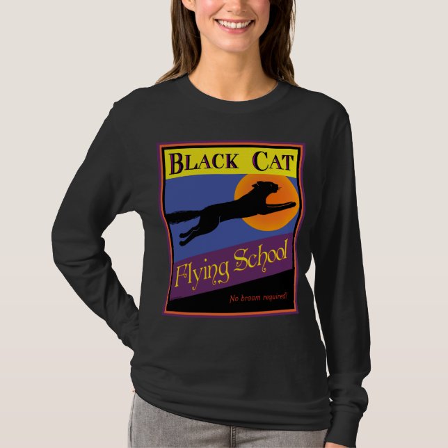 Chat noir Flying School Rétro Halloween T-shirt (Devant)