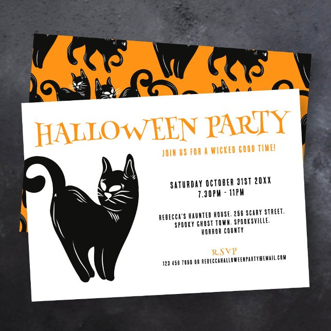 Chat noir Halloween Orange Party Invitation (Créateur téléchargé)