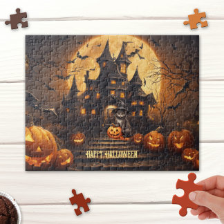 Chat noir Happy Halloween Haunted House Puzzle