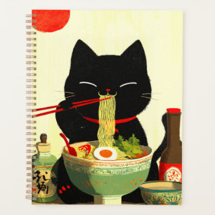Chat noir heureux mangeant du Ramen Ukiyo-e japo