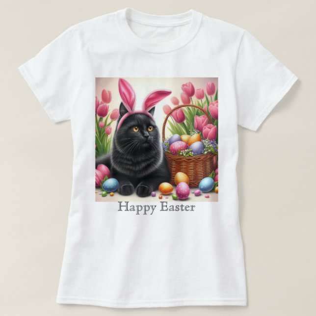 Chat noir lapin Joyeux T-shirt rose Pâques (Design devant)