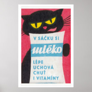 Chat Noir Léchant un Sac de Lait - Impression Boît