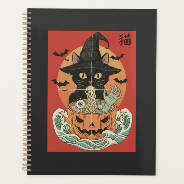 Chat noir mange du ramen japonais pour Halloween (Devant)