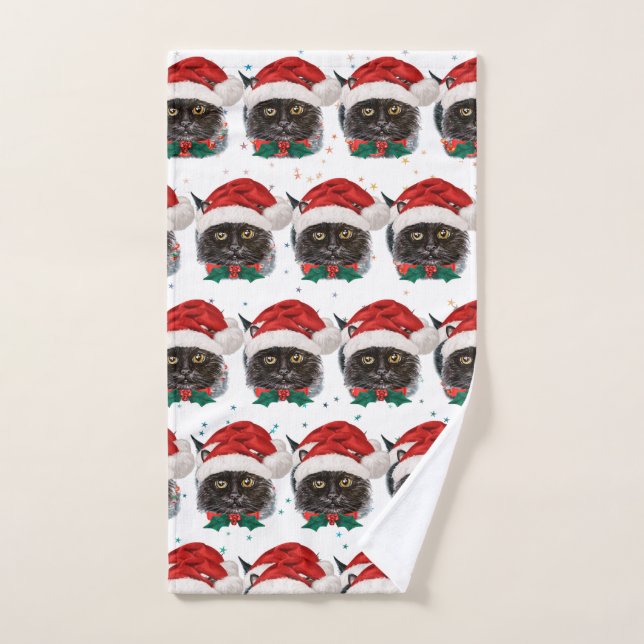 Chat noir mignon avec chapeau de Père Noël (Serviette à main)