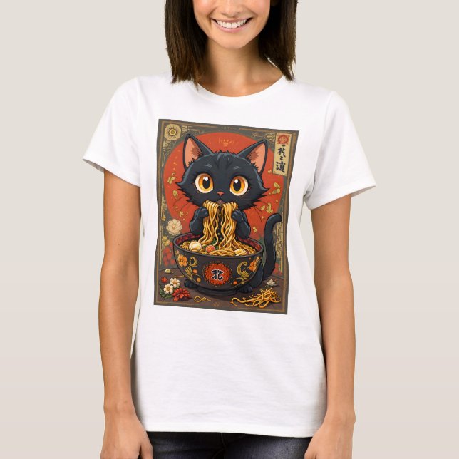 Chat noir mignon avec T-shirt nouilles (Devant)