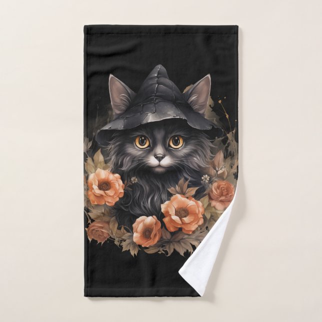 Chat noir mignon dans le Casquette d'une sorcière (Serviette à main)