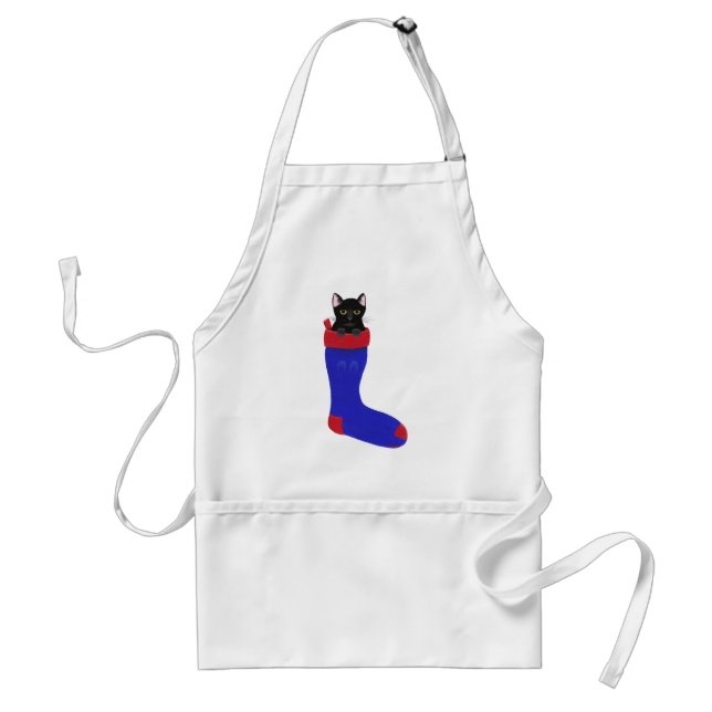 Chat noir mignon en Bleu Tablier de Noël (Devant)