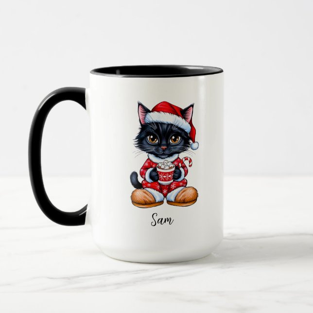 Chat noir mignon personnalisée Mug de Noël (Gauche)