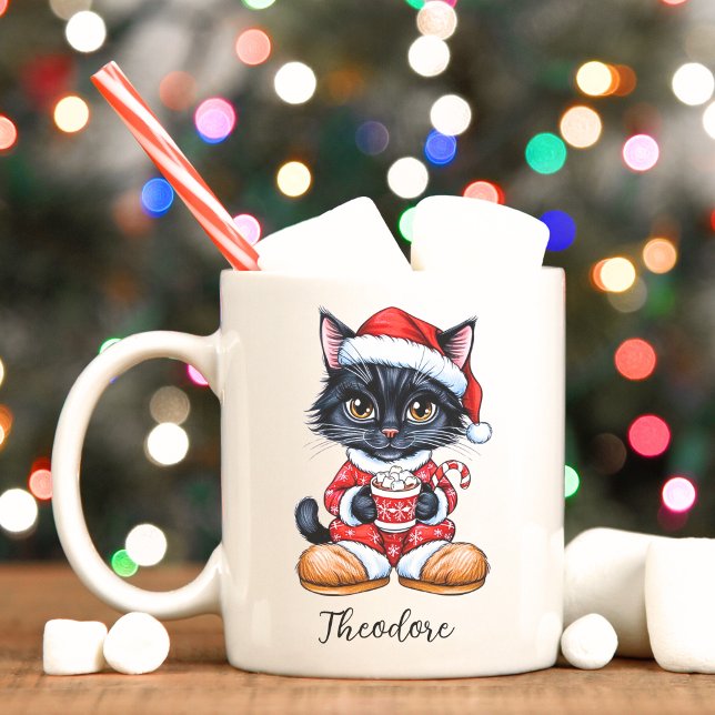 Chat noir mignon personnalisée Mug de Noël (Black cat personalized Christmas mug.)
