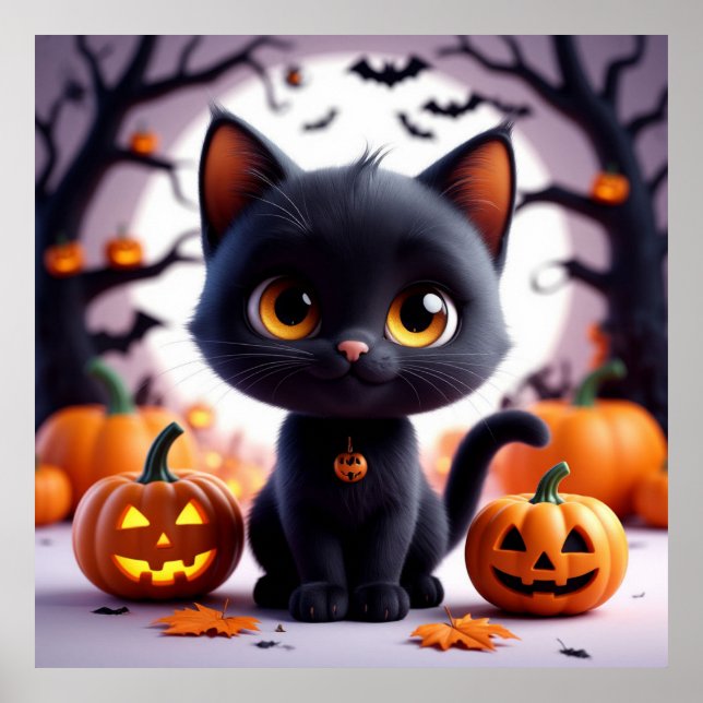 Chat Noir Parmi Les Citrouilles Pour La Décoration (Devant)