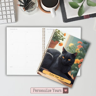 Chat noir personnalisé avec fleurs en pot