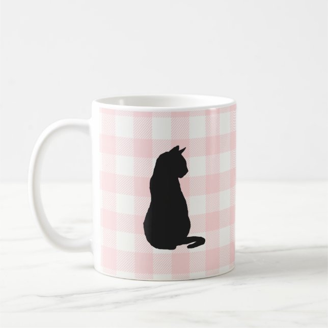 Chat noir Pink Check Motif de café Mug (Gauche)