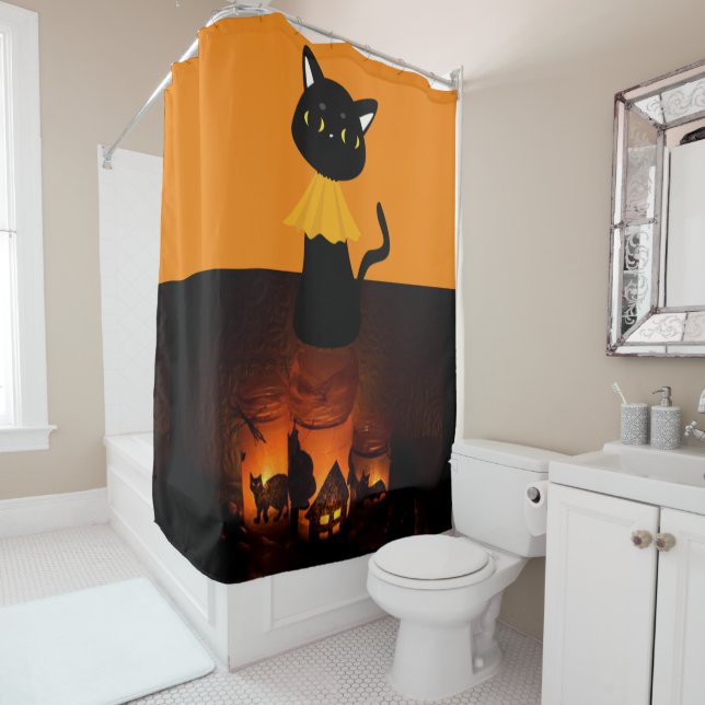 Chat noir pour rideau de douche Halloween (En situation)