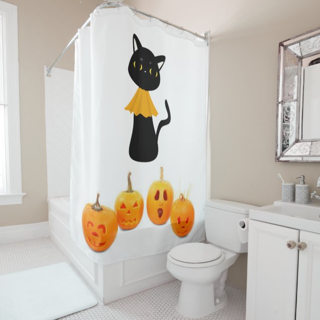 Chat noir pour rideau de douche Halloween (En situation)