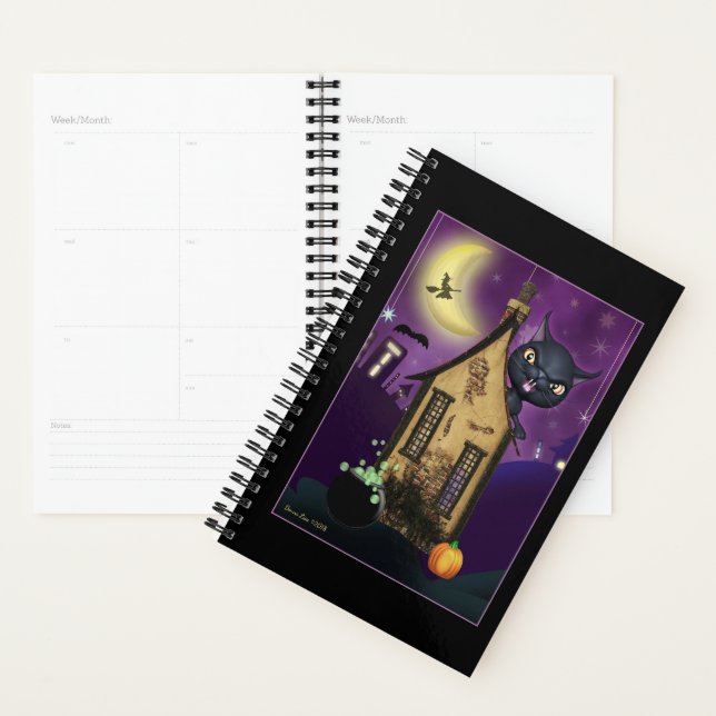 Chat noir sorcière maison Art Day Planner (Devant avec enveloppe)