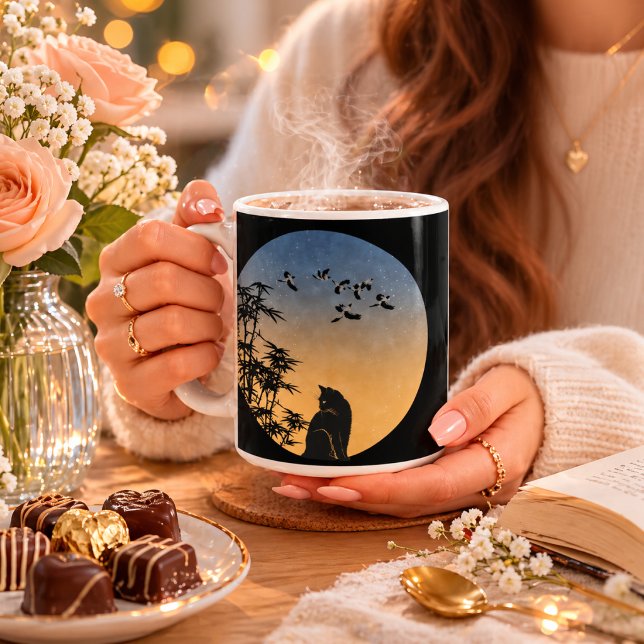 Chat noir sous le ciel & Bamboo et oiseau - Mug ar (Créateur téléchargé)