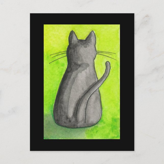 Chat noir sur carte postale verte (Devant)
