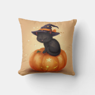 Chat noir sur Citrouille Halloween Carré Coussin