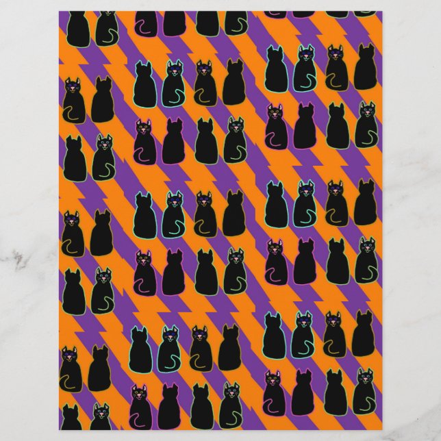 Chat noir sur des pages à rayures orange et violet (Devant)
