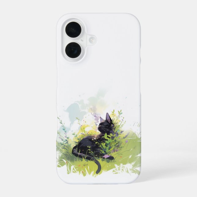 Chat noir sur iPhone Grass 16 Coque (Verso)